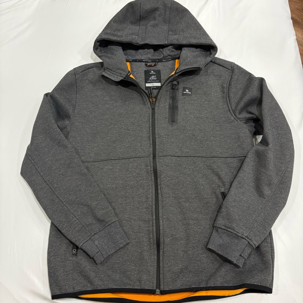 Rip Curl Anti Series Jacket Mens L Gray Hooded Fleece Lined Tech Zip